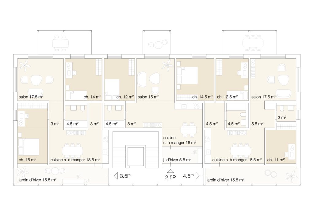 Concours pour un quartier locatif, Bourguillon, Fribourg - plan type
