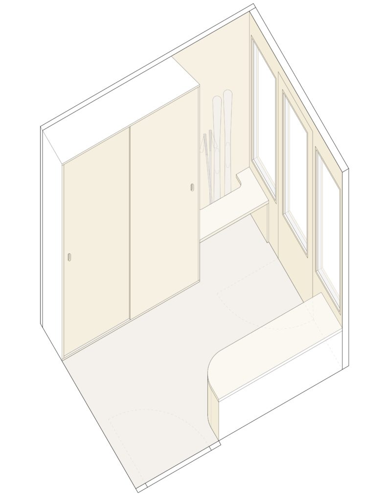 Axonométrie de l'entrée - agencement avec armoire à porte coulissante et banc avec rangement intégré